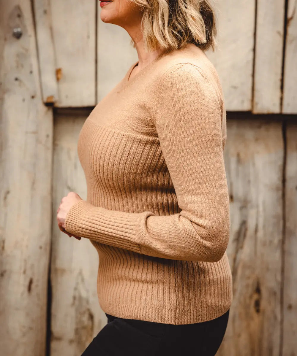 Rib V Neck - Sandstone